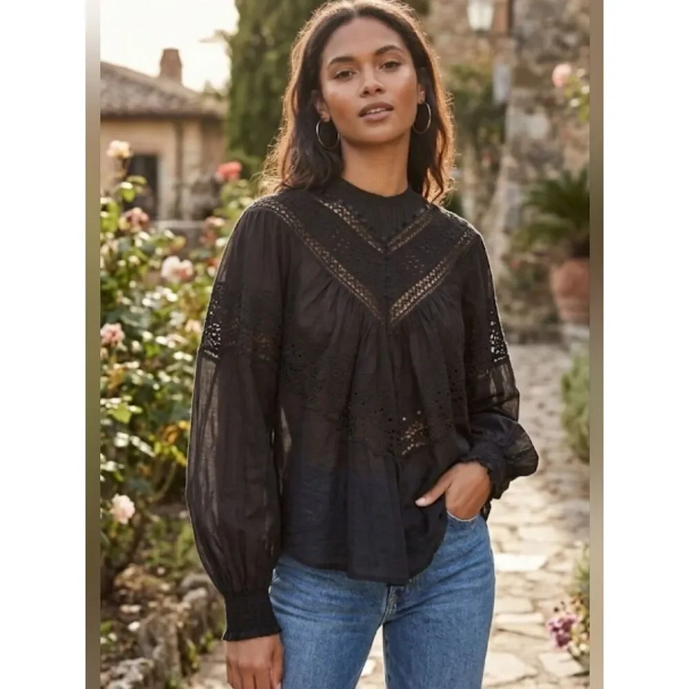 Free People Abigail Victorian Top-Black Sz XS